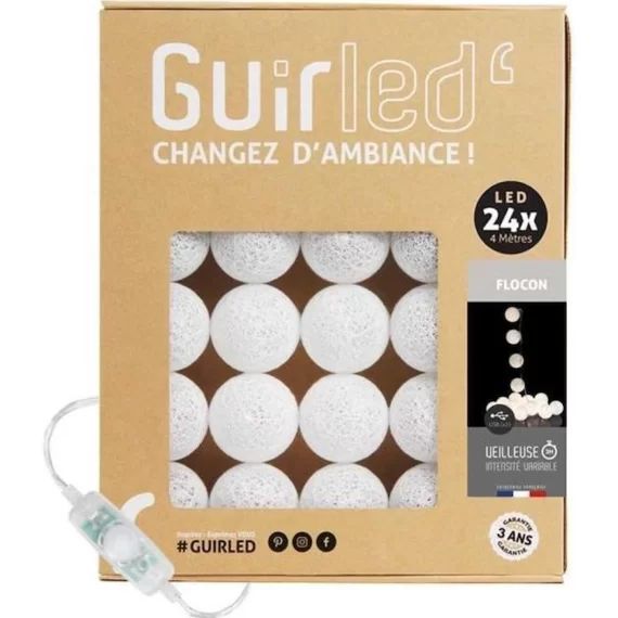 Guirlande lumineuse boules coton LED USB – Veilleuse bébé 2h – 3 intensités – 24 boules 2,4m – Flocon blanc