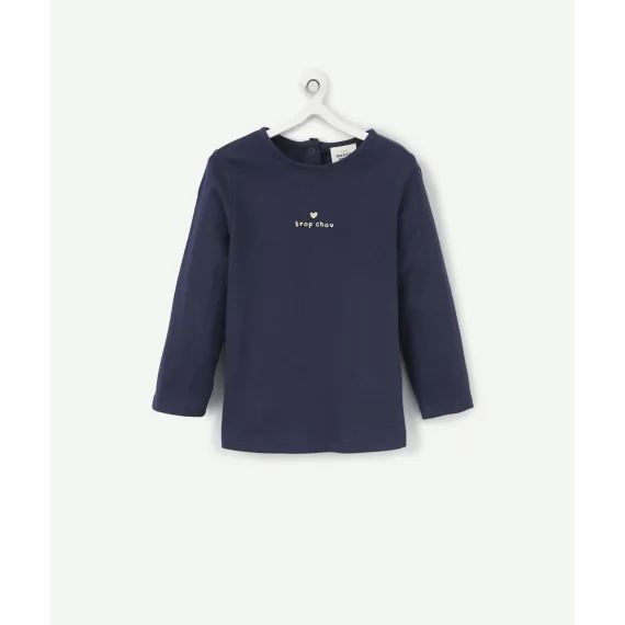 T-shirt bébé fille bleu marine avec message pailleté en coton bio –  – Soldes