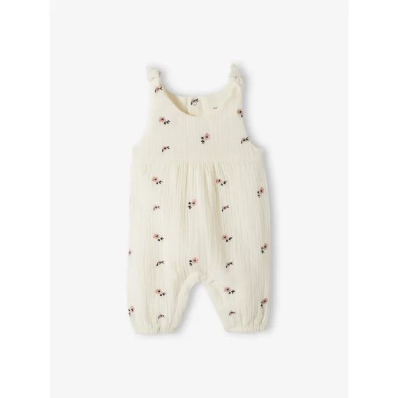 Combinaison bébé naissance brodée en gaze de coton écru
