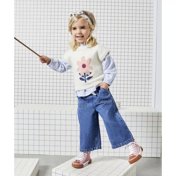 Pull sans manches bébé fille écru avec marguerite –  – Soldes