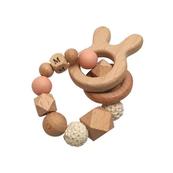 Anneau de dentition en bois Lapin blanc cassé et rose pâle (personnalisable)