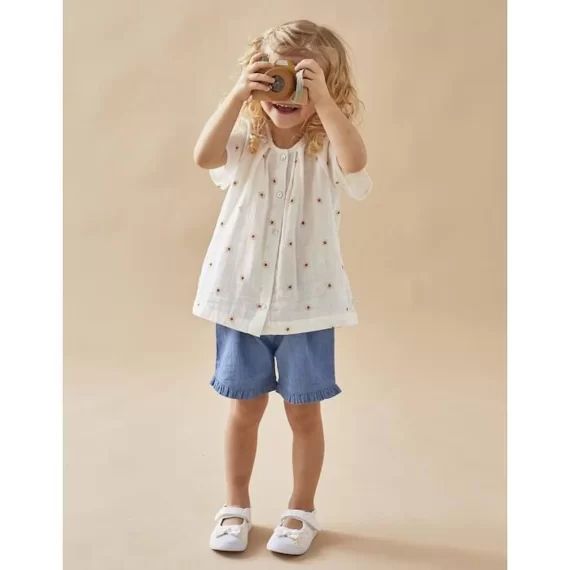 Set blouse imprimé soleils + short denim blanc