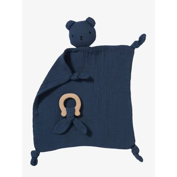 Doudou en gaze de coton + hochet rond bleu