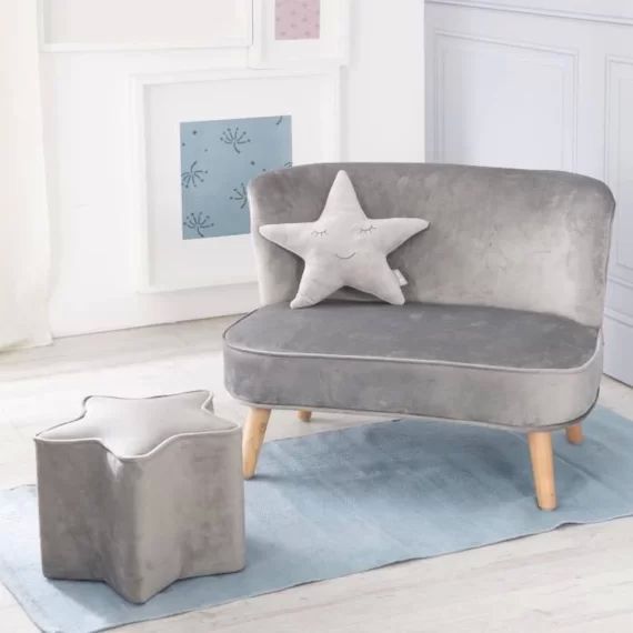ROBA Canapé et Pouf Enfant Lil Sofa  + Coussin Décoratif Étoile – Ensemble en Velours – Gris Argenté gris