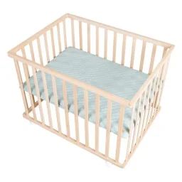 ROBA Parc Bébé 75 x 100 cm en Hêtre Massif Bio – avec Tapis Vert Givré + 4 Roulettes à Freins – Hauteur Réglable – Naturel beige
