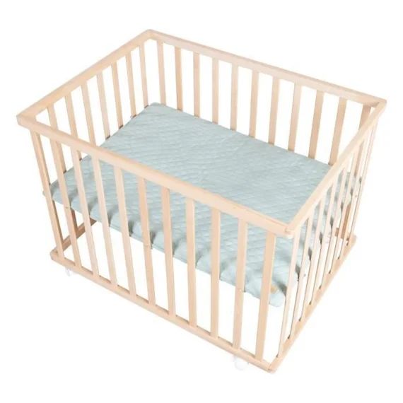 ROBA Parc Bébé 75 x 100 cm en Hêtre Massif Bio – avec Tapis Vert Givré + 4 Roulettes à Freins – Hauteur Réglable – Naturel beige