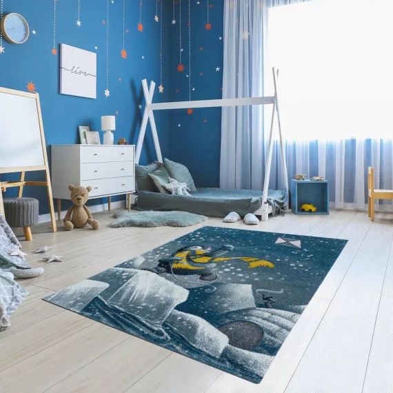 Tapis Enfant Tissé Motif Animaux Yelobear Bleu
