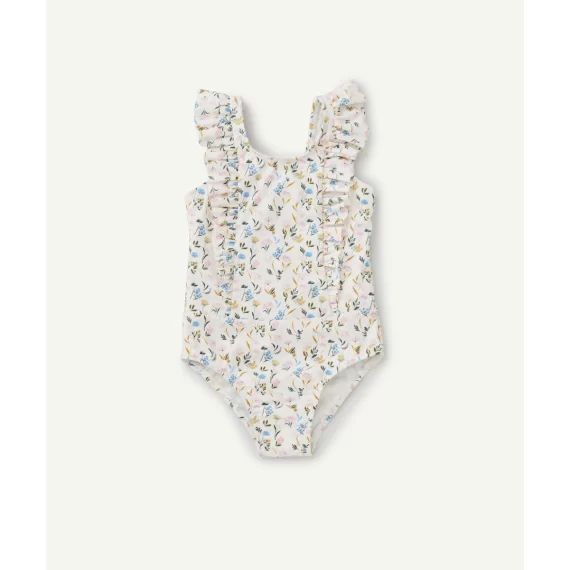 Maillot de bain 1 pièce bébé fille en fibres recyclées écru et fleuri –  – Soldes
