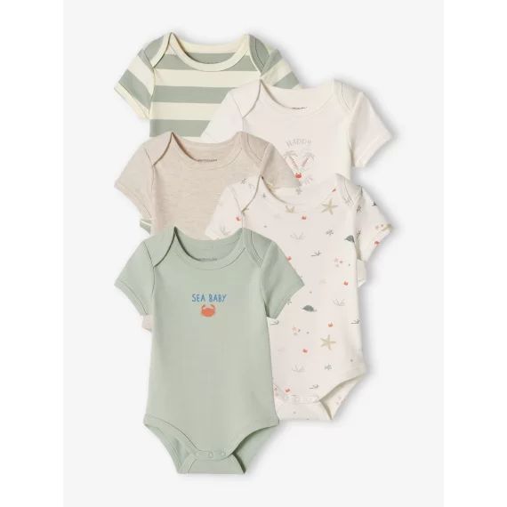 Lot de 5 bodies plage bébé emmanchure américaine vert d&rsquo;eau