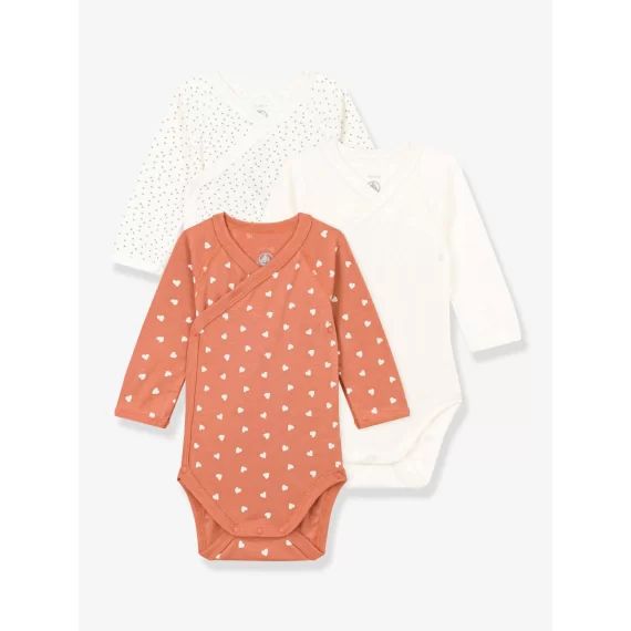 Lot de 3 bodies croisés manches longues en coton PETIT BATEAU blanc imprimé