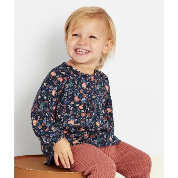 T-shirt bébé fille en coton bio bleu et imprimé fleuri –  – Soldes
