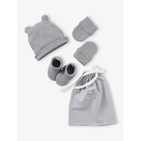 Ensemble naissance en maille côtelée bonnet + moufles + chaussons + pochon bleu grisé