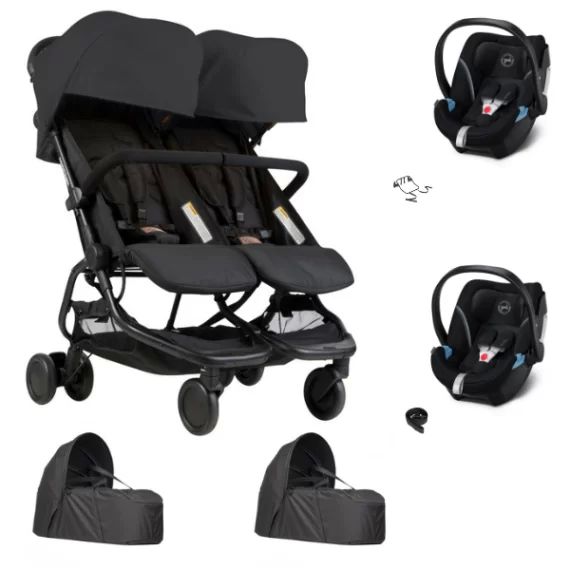 Poussette Double Mountain Buggy Nano Duo – Black + 2 Cocoon V2 + 2 Coques Auto Cybex Aton 5 – Deep Black