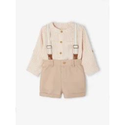 Ensemble cérémonie bébé : chemise + short + bretelles taupe