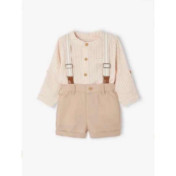 Ensemble cérémonie bébé : chemise + short + bretelles taupe