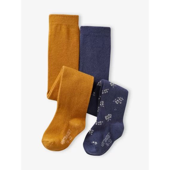 Lot de 2 paires de collants à fleurs/unis bébé fille moutarde