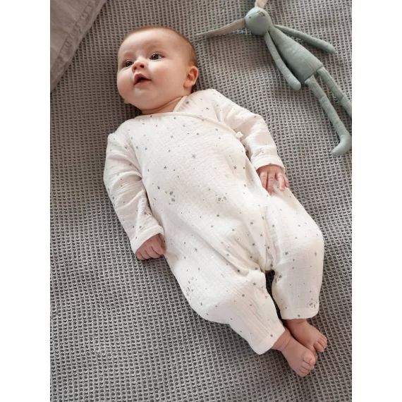 Dors-bien cache-coeur bébé en gaze de coton ouverture naissance blanc imprimé