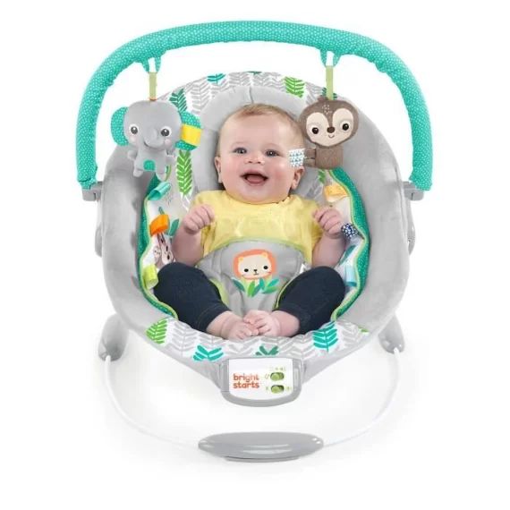 BRIGHT STARTS Transat bébé Jungle Vines, vibrations apaisantes, barre de jouets amovible, jusqu&rsquo;à 9 mois gris
