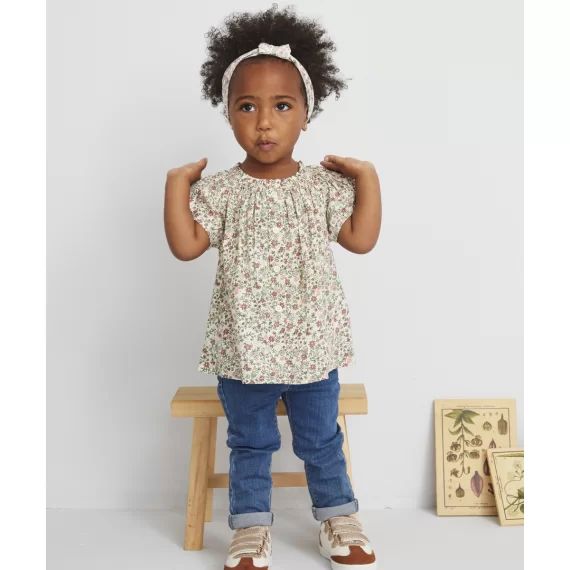 La blouse blanche fleurie en coton –  – Soldes