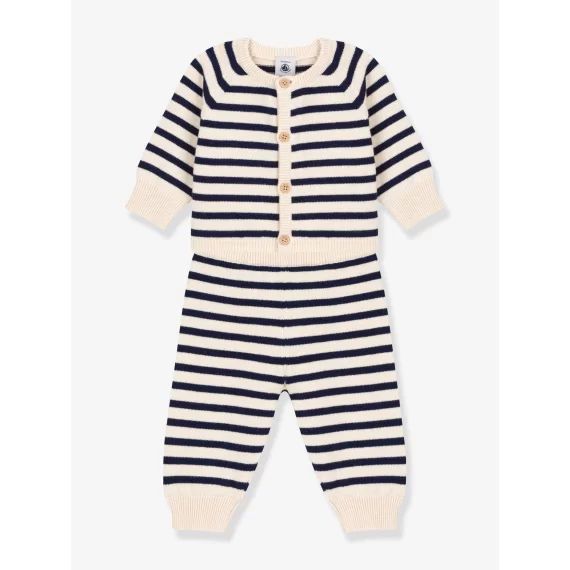 Ensemble 2 pièces bébé en tricot rayé laine et coton PETIT BATEAU blanc imprimé