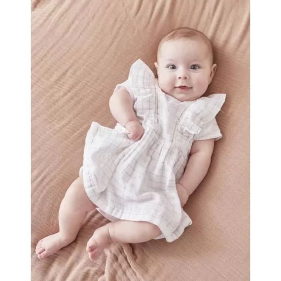Robe manches courtes volants avec lurex doré blanc