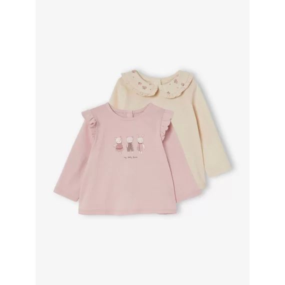 Lot de 2 T-shirts romantiques bébé manches longues rose pale