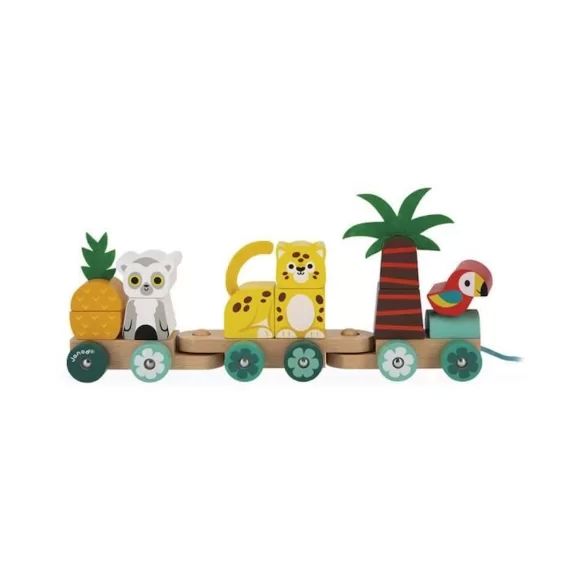 JANOD – Tropik Train Tropical à Tirer en Bois – 11 Pièces – 3 Wagons – Jouet d&rsquo;Eveil – Jouet à Tirer – Dès 12 Mois jaune