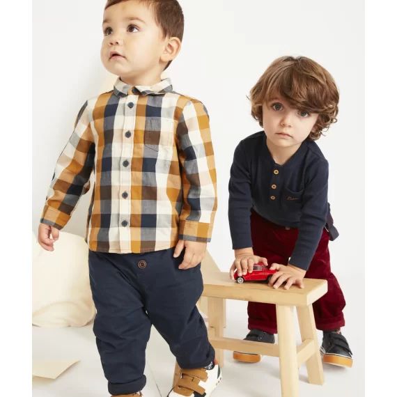Chemise à carreaux ocre et bleu marine bébé garçon –  – Soldes