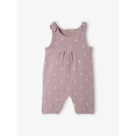Combinaison bébé naissance brodée en gaze de coton lilas