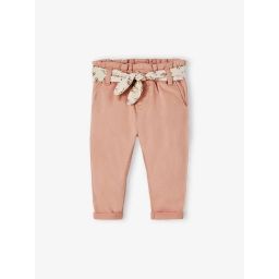 Pantalon paperbag bébé avec ceinture rose poudré