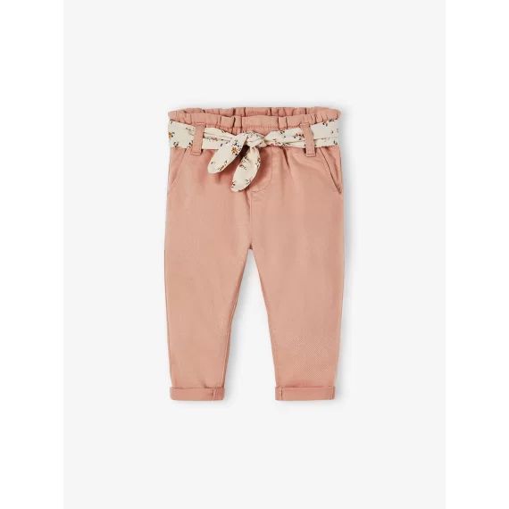 Pantalon paperbag bébé avec ceinture rose poudré