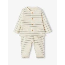 Ensemble naissance rayé gilet et pantalon écru