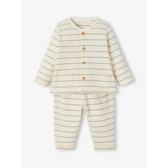 Ensemble naissance rayé gilet et pantalon écru