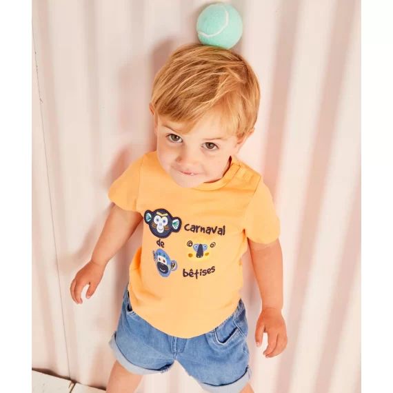 T-shirt bébé garçon orange en coton anti uv bio imprimé singe –  – Soldes