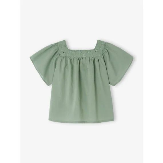 Blouse encolure carrée en broderie anglaise bébé vert sauge