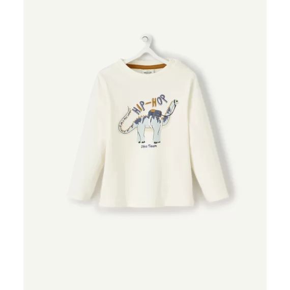 T-shirt bébé garçon en coton bio écru avec dragon brodé –  – Soldes
