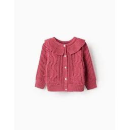 Gilet En Maille Ajourée Avec Volants Rose Foncé