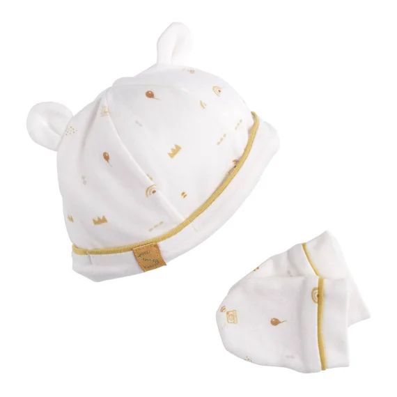 Lot Bonnet Et Moufles Bébé En Coton Blanc