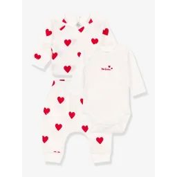 Ensemble 3 pièces coeurs bébé en coton PETIT BATEAU blanc