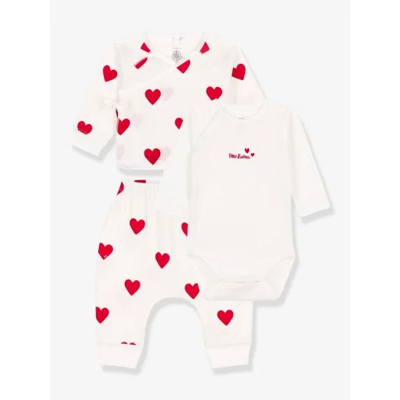 Ensemble 3 pièces coeurs bébé en coton PETIT BATEAU blanc