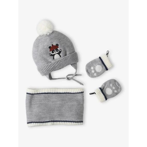 Ensemble bonnet + snood + moufles panda bébé garçon gris chiné