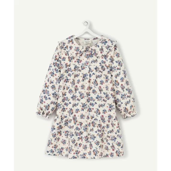 La robe écrue fleurie rose et bleue avec col –  – Soldes