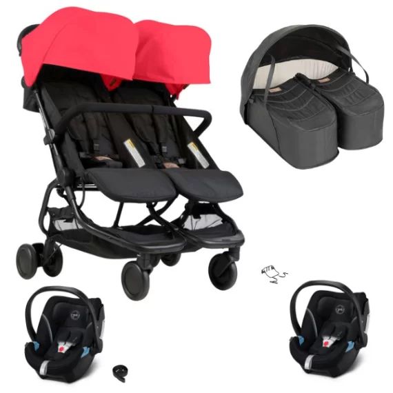Poussette Double Mountain Buggy Nano Duo – Ruby + Cocoon Jumeaux + 2 Coques Cybex Aton 5 – Deep Black