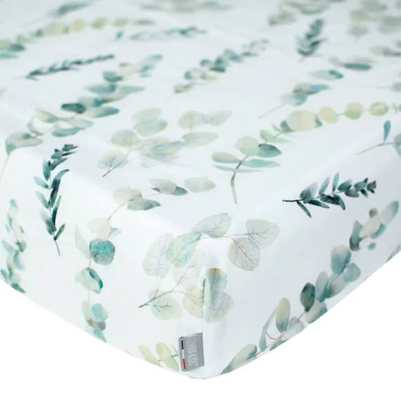 Drap-housse En Coton Eucalyptus Blanc Imprimé Eucalyptus
