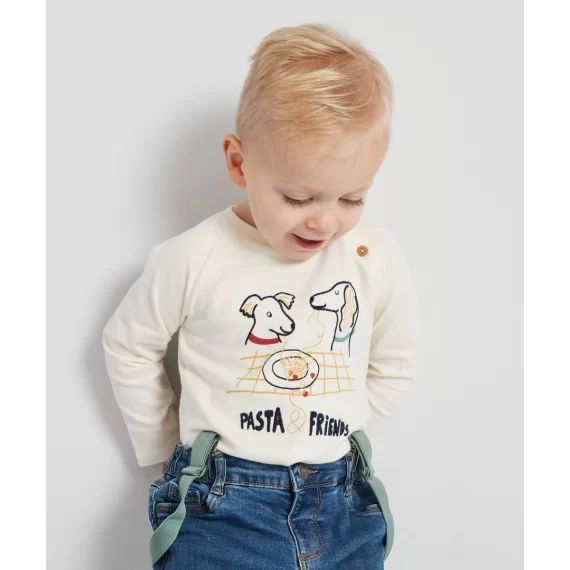 T-shirt écru en coton bio avec chien et pasta bébé garçon –  – Soldes