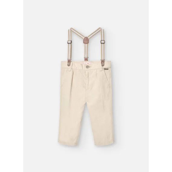 Pantalon Droit Uni Avec Bretelles Beige
