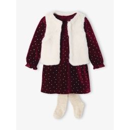 Ensemble bébé : robe en velours + gilet en fausse fourrure + collants bordeaux