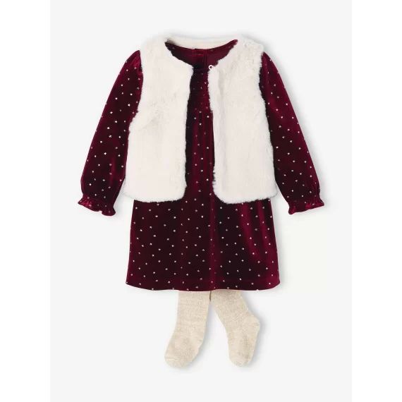 Ensemble bébé : robe en velours + gilet en fausse fourrure + collants bordeaux