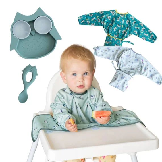 Coffret La Diversification Chouette – 3 Bavoirs Nomade + 1 Assiette + 1 Cuillère Bleu