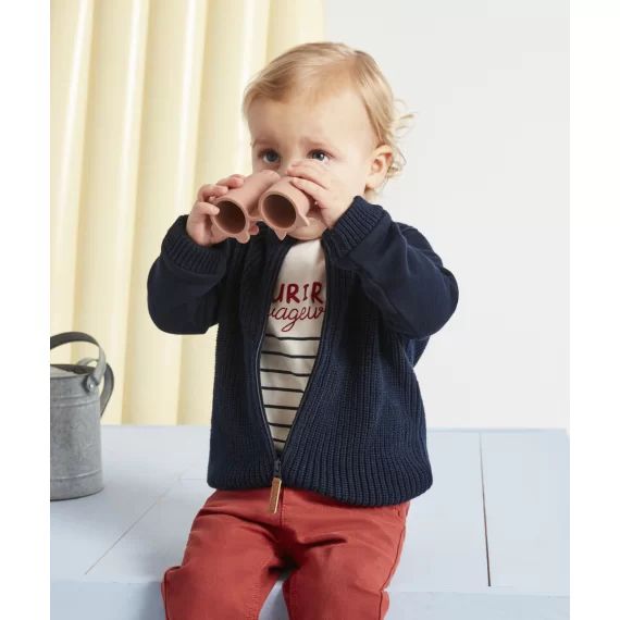 Gilet en tricot à zip bi matière bleu marine bébé garçon –  – Soldes
